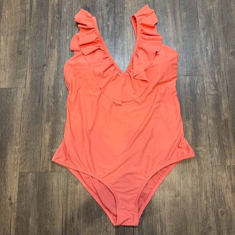 Jessica Simpson Swimwear Coral Ruffle V-Neck Plunge One-Piece Swimsuit Pool XL